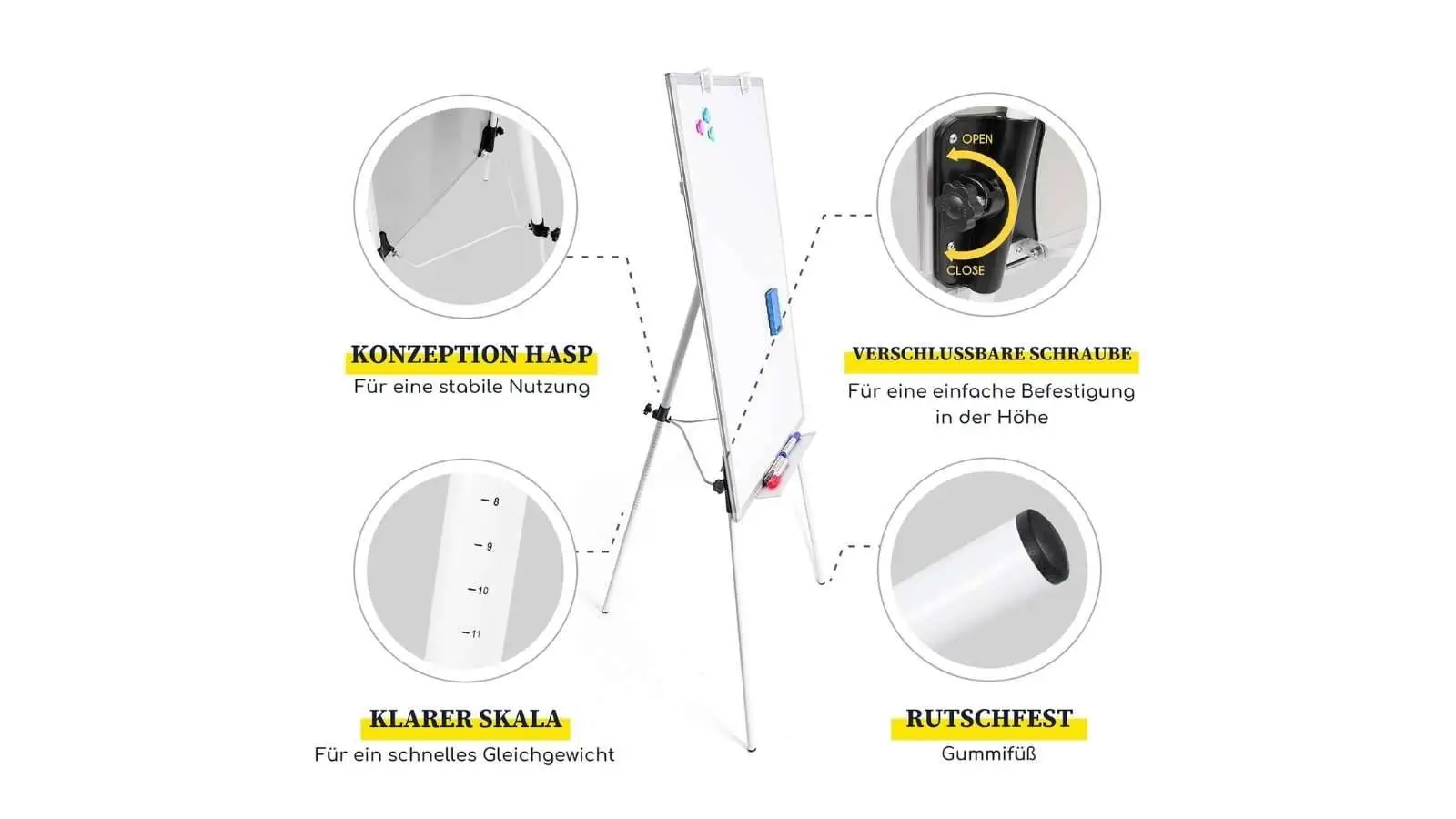 Infografik zum Flipchart des Moderations-Pakets mit Details zu Schraube, Skala und Gummifuß.