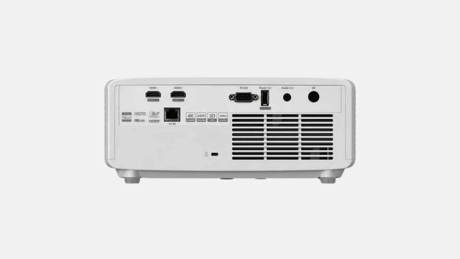 Optoma ZH420 Full HD Laser-Beamer von hinten mit HDMI-Anschlüssen und Lüftungsgitter.