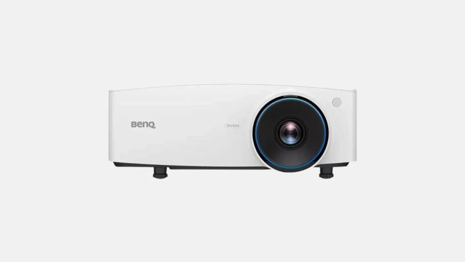 Weißer Laser-Beamer von vorn mit blau umrandetem Objektiv und WUXGA-Optik.