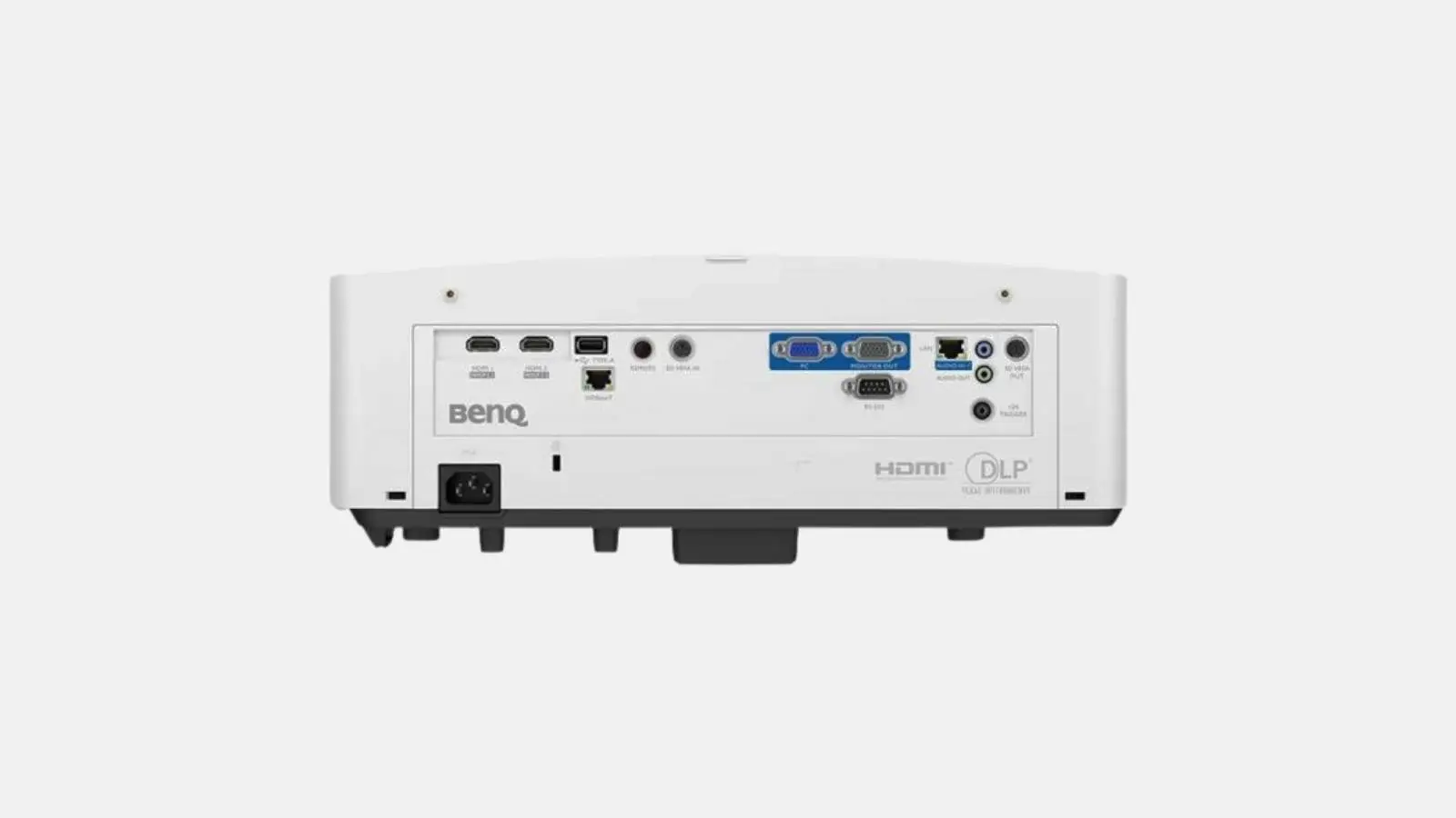 Weißer Laser-Beamer von hinten mit HDMI-Anschlüssen, VGA und DLP-Kennzeichnung.
