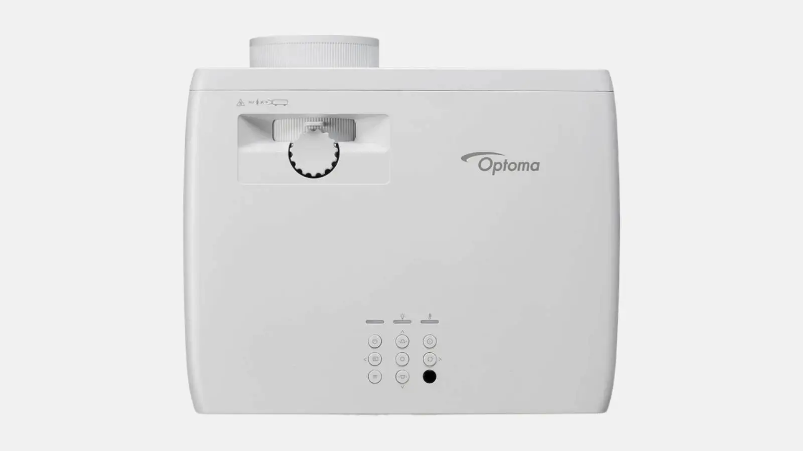 Optoma ZH551 Full HD Laser-Beamer in Weiß mit Bedienfeld und Fokusring von oben vor weißem Hintergrund.