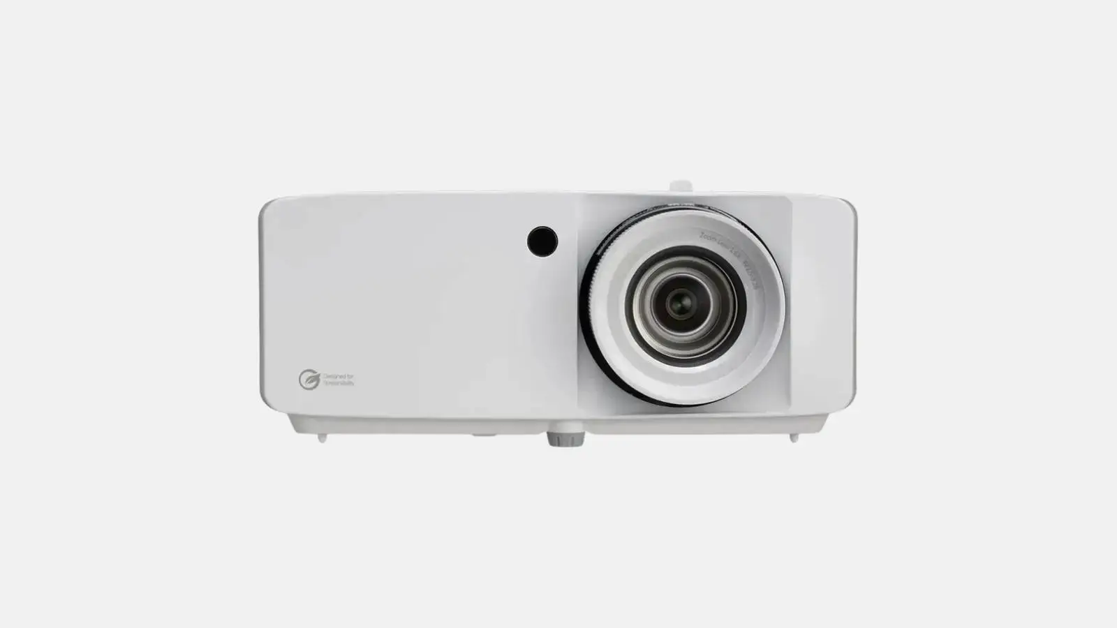 Optoma ZH551 Full HD Laser-Beamer in Weiß mit Objektiv in Frontansicht vor weißem Hintergrund.