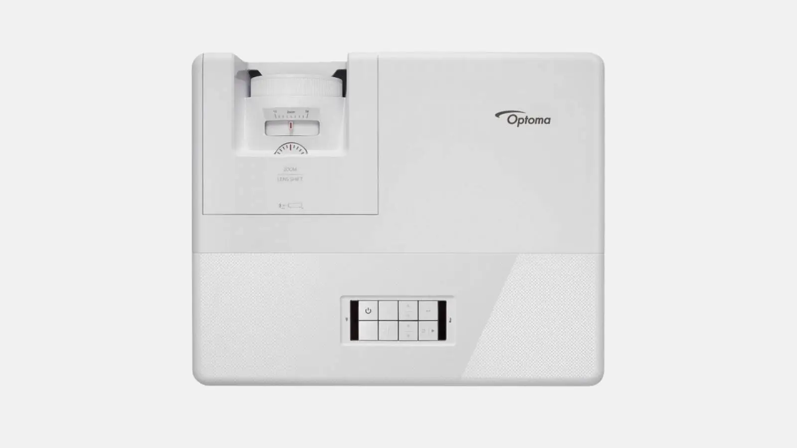 Optoma ZU606Te WUXGA Laser-Beamer in Weiß mit Zoomregler und Bedienfeld von oben vor weißem Hintergrund.