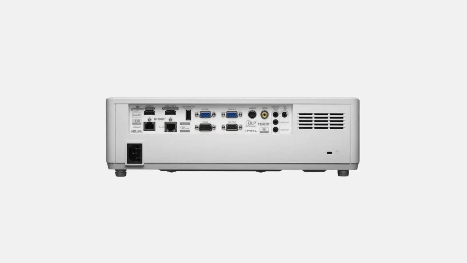Optoma ZU606Te WUXGA Laser-Beamer Rückseite mit Anschlüssen HDMI, VGA und Netzbuchse vor weißem Hintergrund.