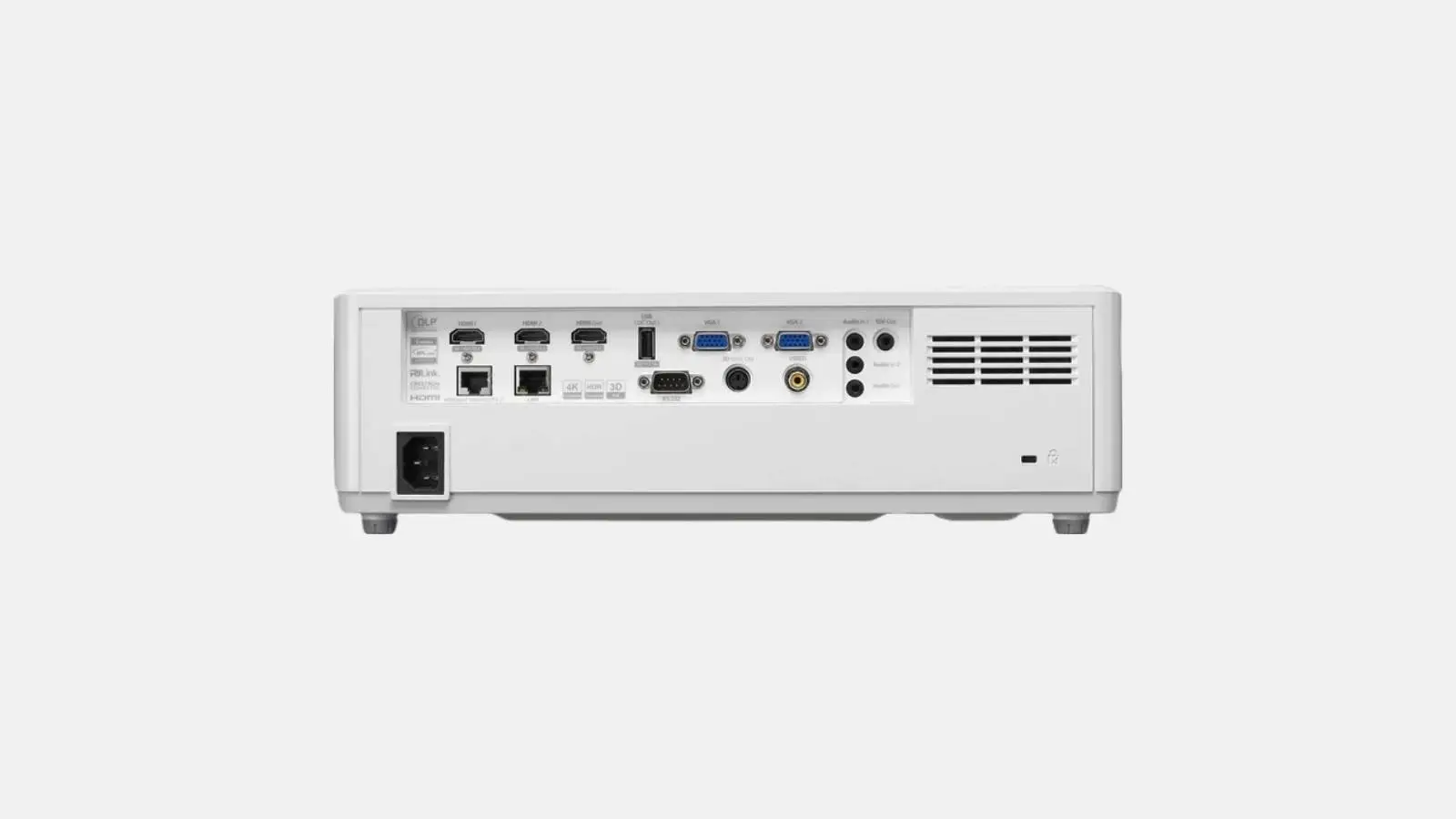 Optoma ZU707T Laser-Beamer Rückseite mit HDMI-Anschlüssen und Netzbuchse vor weißem Hintergrund.