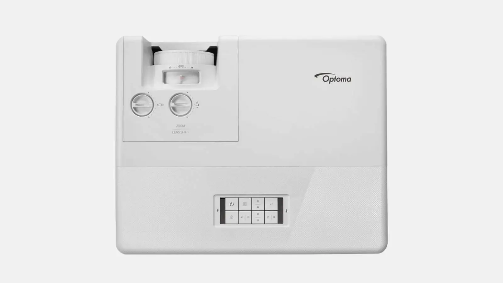 Optoma ZU707T Laser-Beamer in Weiß mit Zoomregler, Bedientasten und Lens-Shift von oben vor weißem Hintergrund.