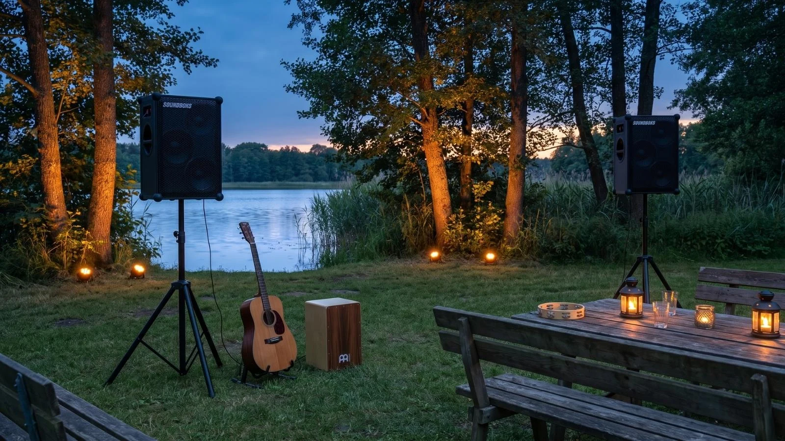 Outdoor Paket mit zwei Soundboks Lautsprechern auf Stativen am See mit Ambientlichtern in der Abenddämmerung.