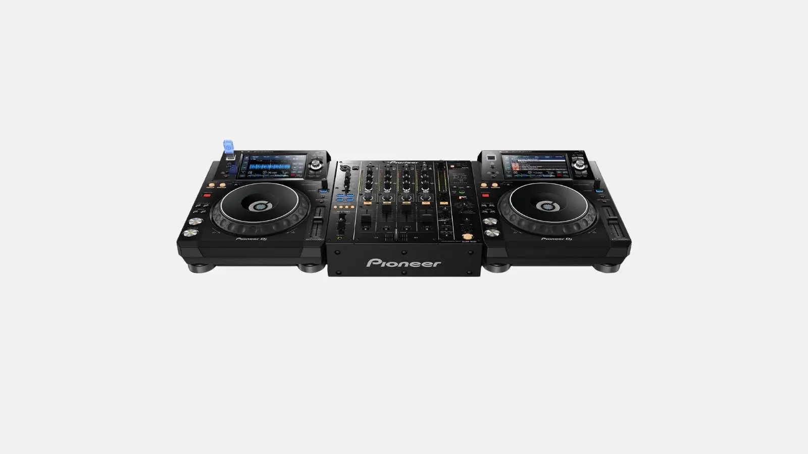 Zwei Pioneer XDJ-1000MK2 Multiplayer mit zentralem Pioneer DJ-Mixer als komplettes Setup.