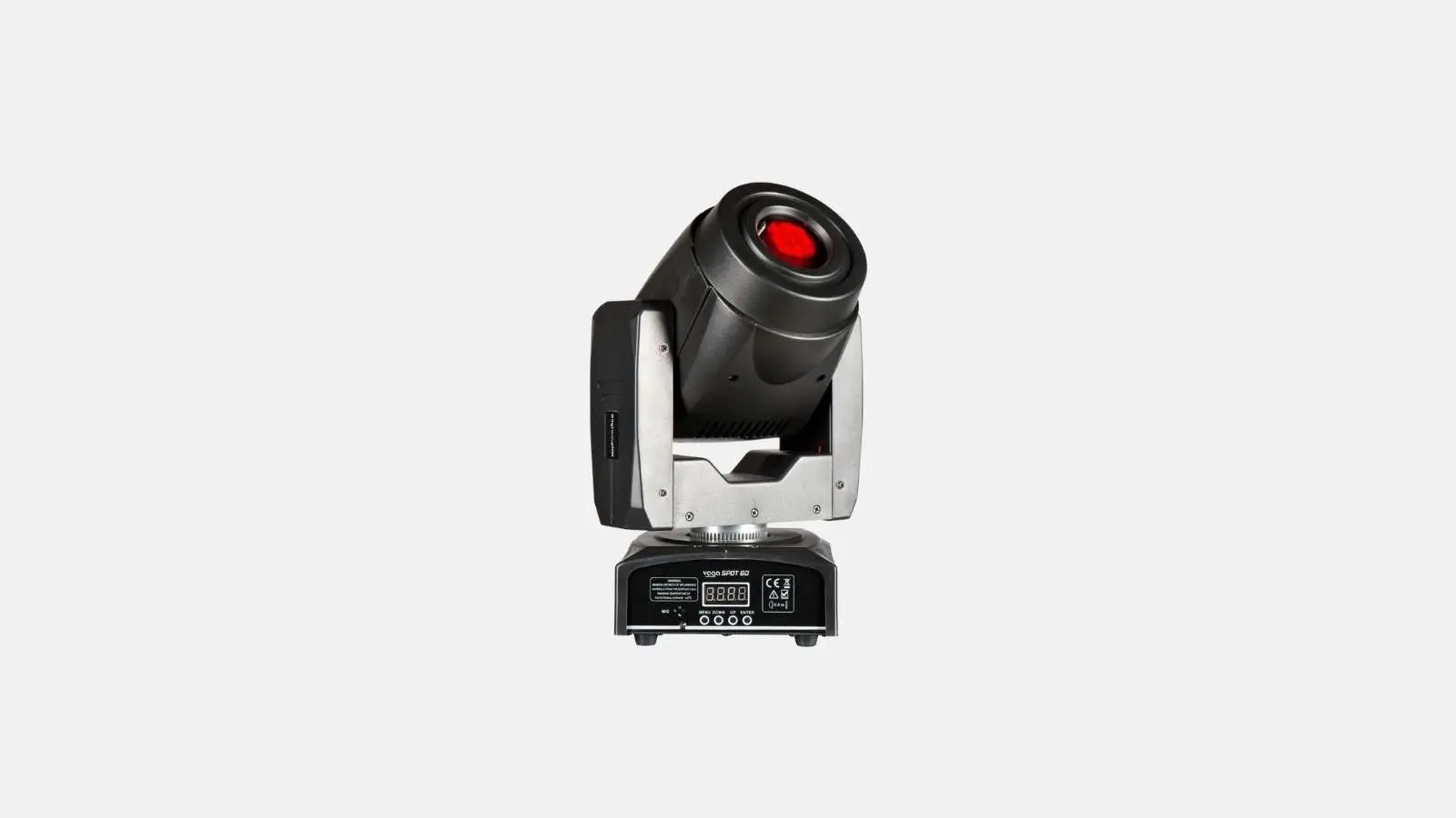 lightmaXX VEGA SPOT 60 Moving Head aus dem Profi Lichtshow Paket in Schwarz mit roter Linse vor weißem Hintergrund.