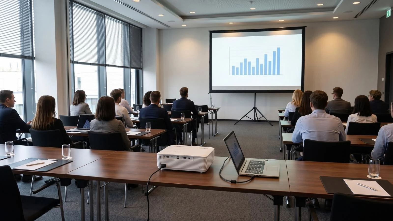 Präsentationspaket mit Beamer und 120-Zoll-Leinwand im Einsatz bei einem Seminar mit Balkendiagramm.