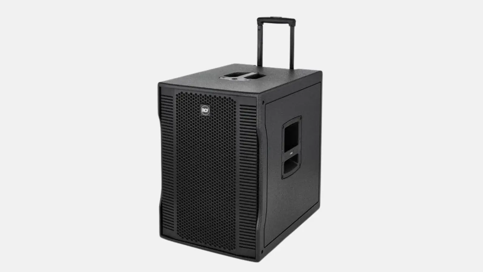 RCF EVOX 12 Säulensystem mit Subwoofer-Basis, Trolley-Griff und Rollen in Schwarz vor weißem Hintergrund.