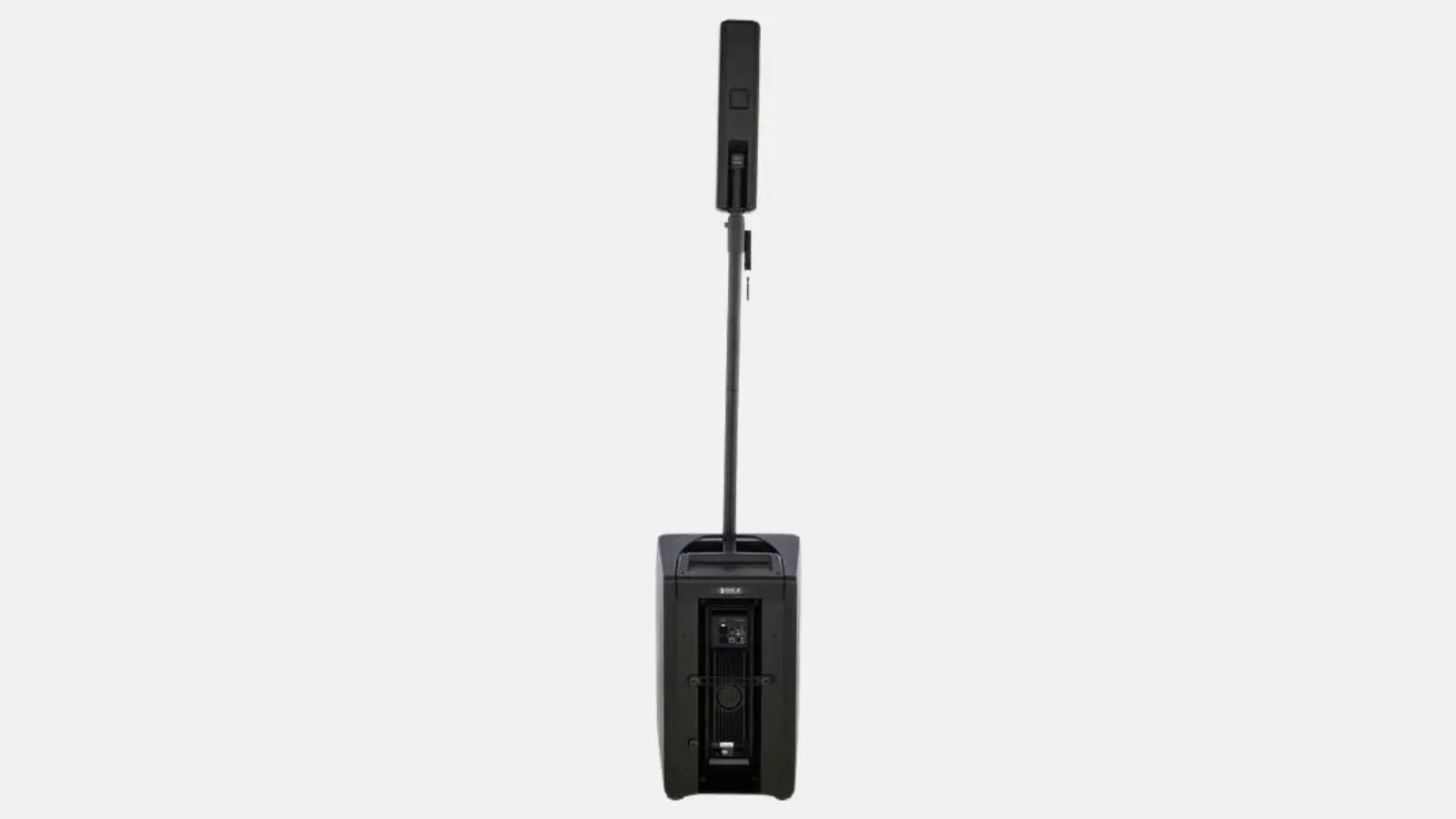 RCF EVOX 8 Säulensystem in Schwarz mit Basismodul und schlanker Lautsprechersäule von vorne vor weißem Hintergrund.