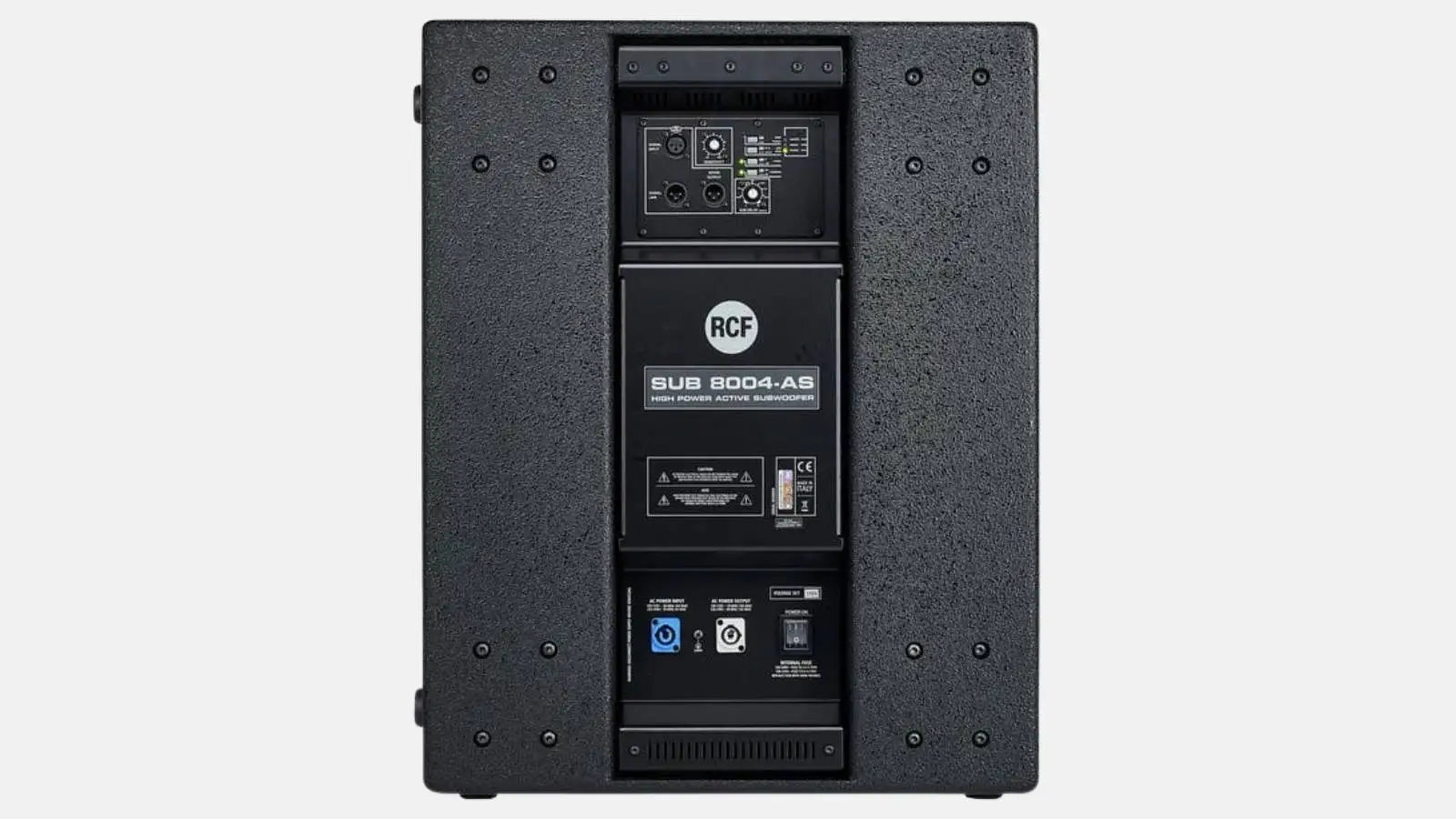 RCF SUB 8004-AS Subwoofer in Schwarz, Rückseite mit Anschlussfeld und Typenschild vor weißem Hintergrund.