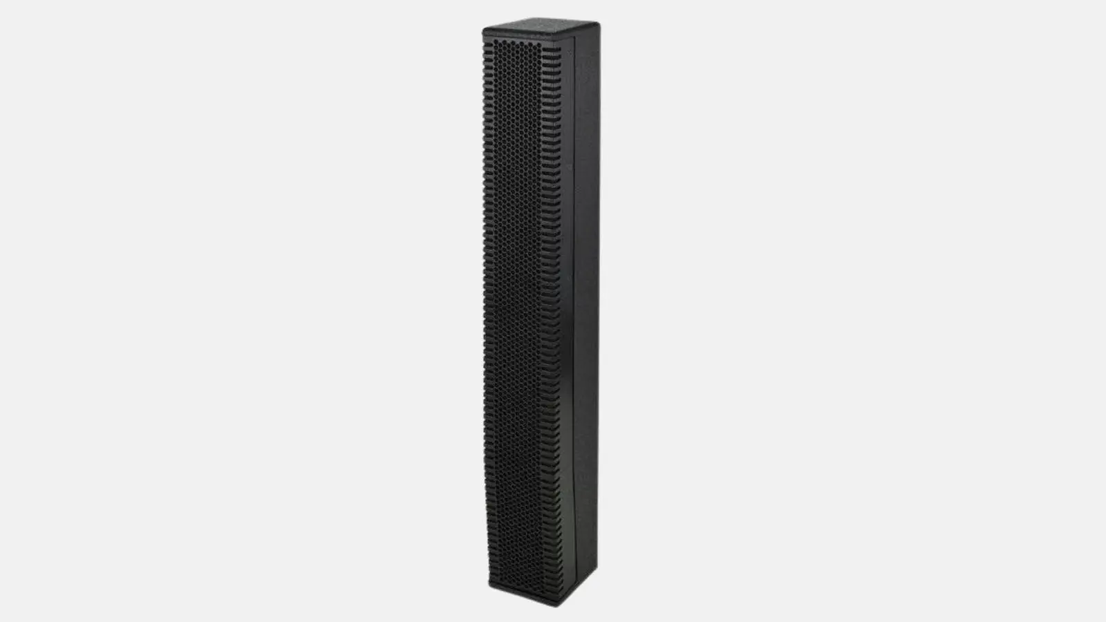 RCF EVOX 12 Säulenlautsprecher in Schwarz mit schmaler Bauform vor weißem Hintergrund.