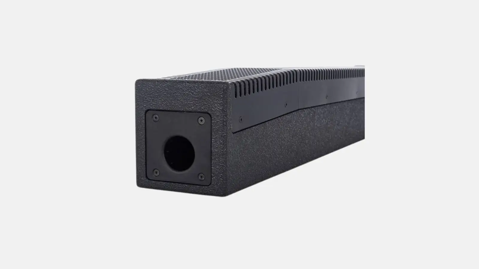 RCF EVOX 12 Säulensystem in Schwarz, schräge Ansicht des Basismoduls mit Stangenaufnahme vor weißem Hintergrund.
