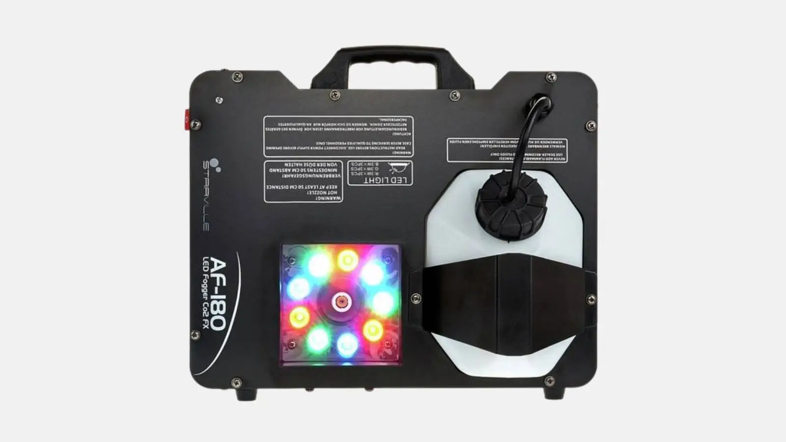 Stairville AF-180 LED Vertikalnebler mit leuchtenden RGB-LEDs und Nebelfluid-Tank von vorne.