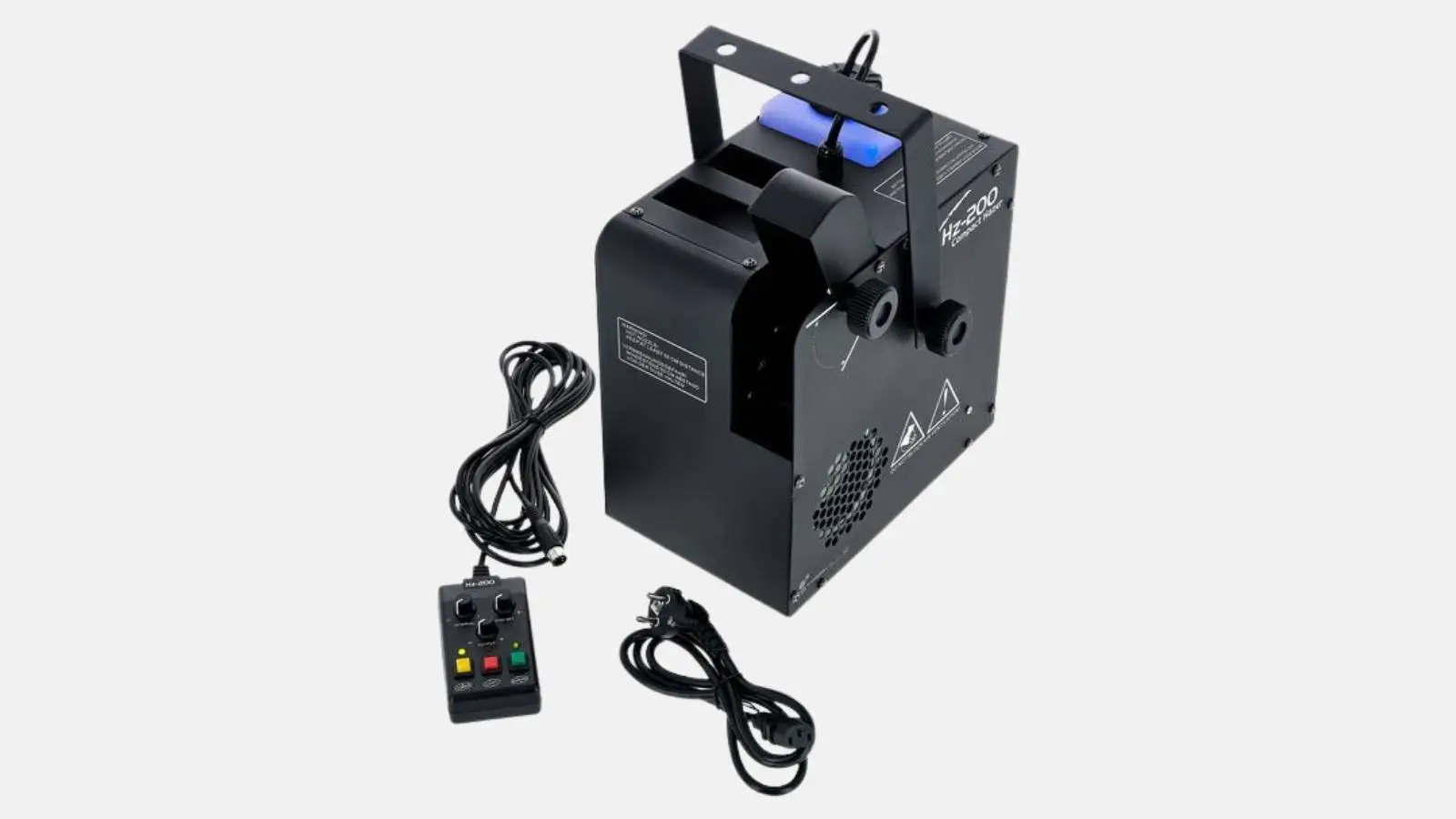 Stairville Hz-200 Compact Hazer in Schwarz mit Fernbedienung und Netzkabel vor grauem Hintergrund.