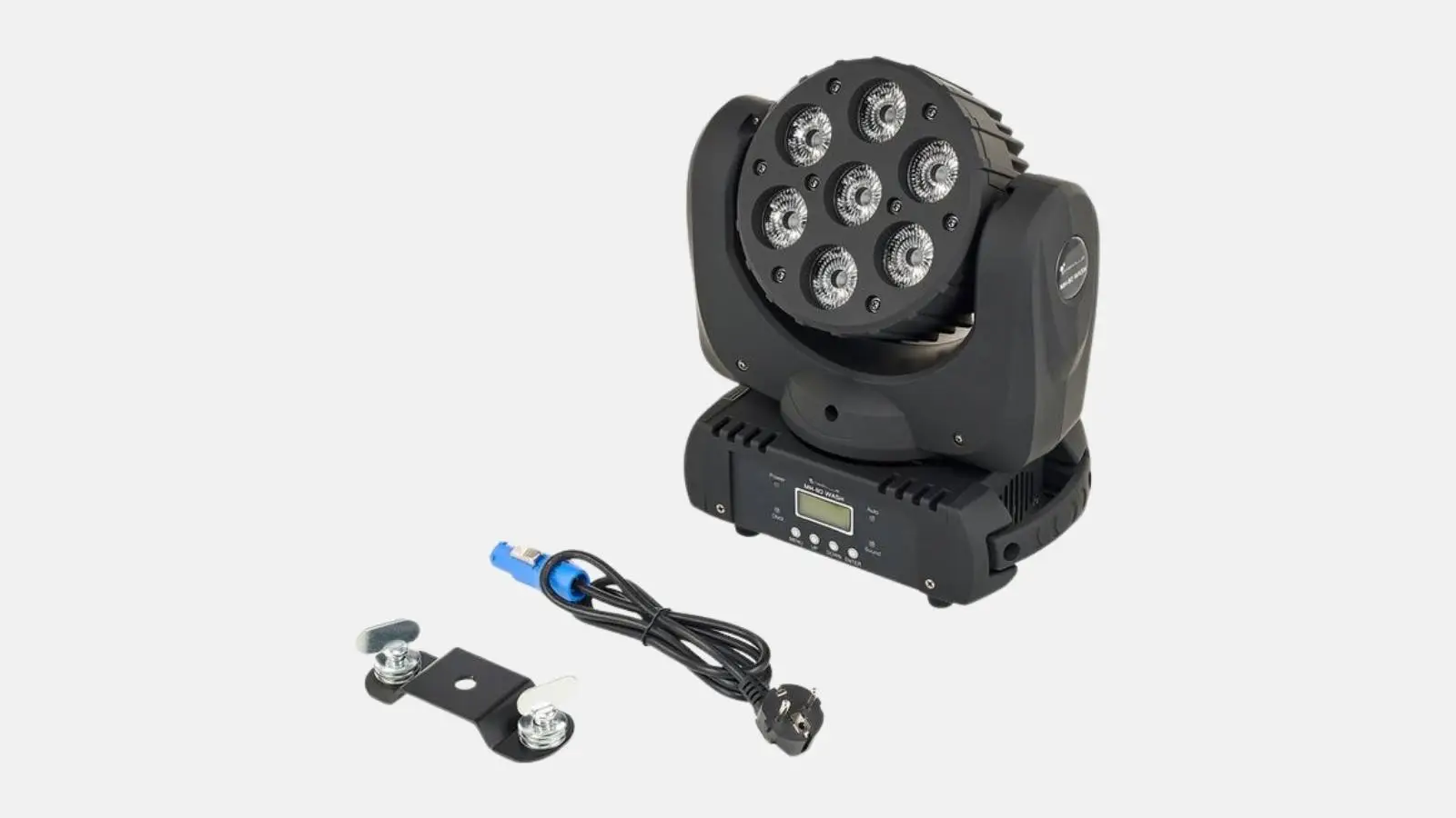 Stairville MH-110 Wash LED Moving Head in Schwarz mit Montagebügel und Netzkabel vor grauem Hintergrund.