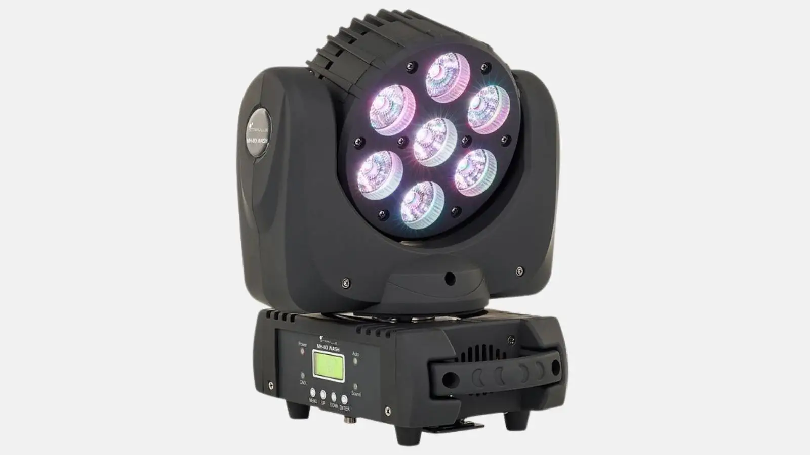 Stairville MH-110 Wash LED Moving Head in Schwarz mit sieben RGBW-LEDs in schräger Ansicht.