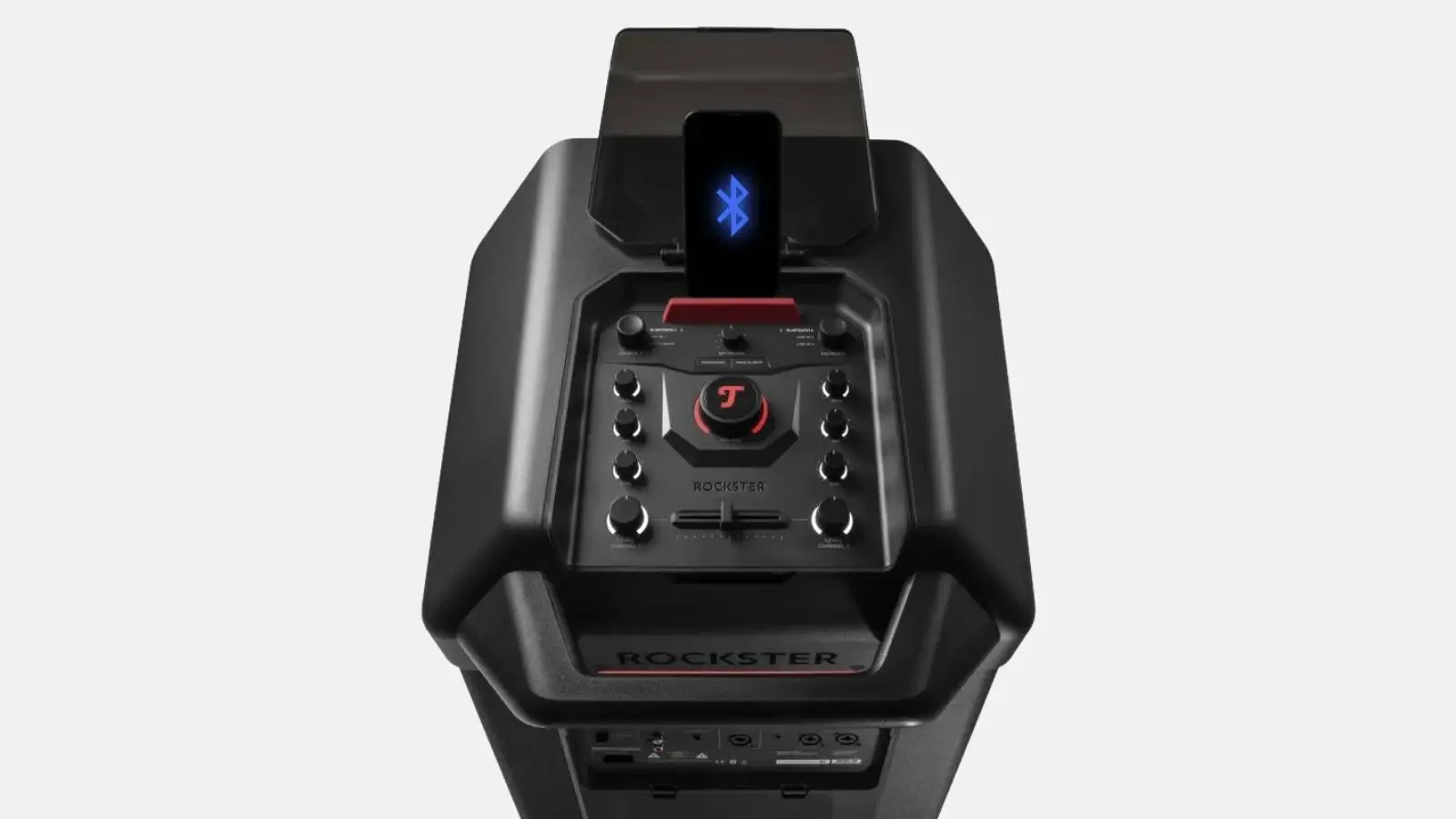 Teufel Rockster 2 Akku-Lautsprecher, Oberseite mit Bedienfeld und blau leuchtendem Bluetooth-Display.
