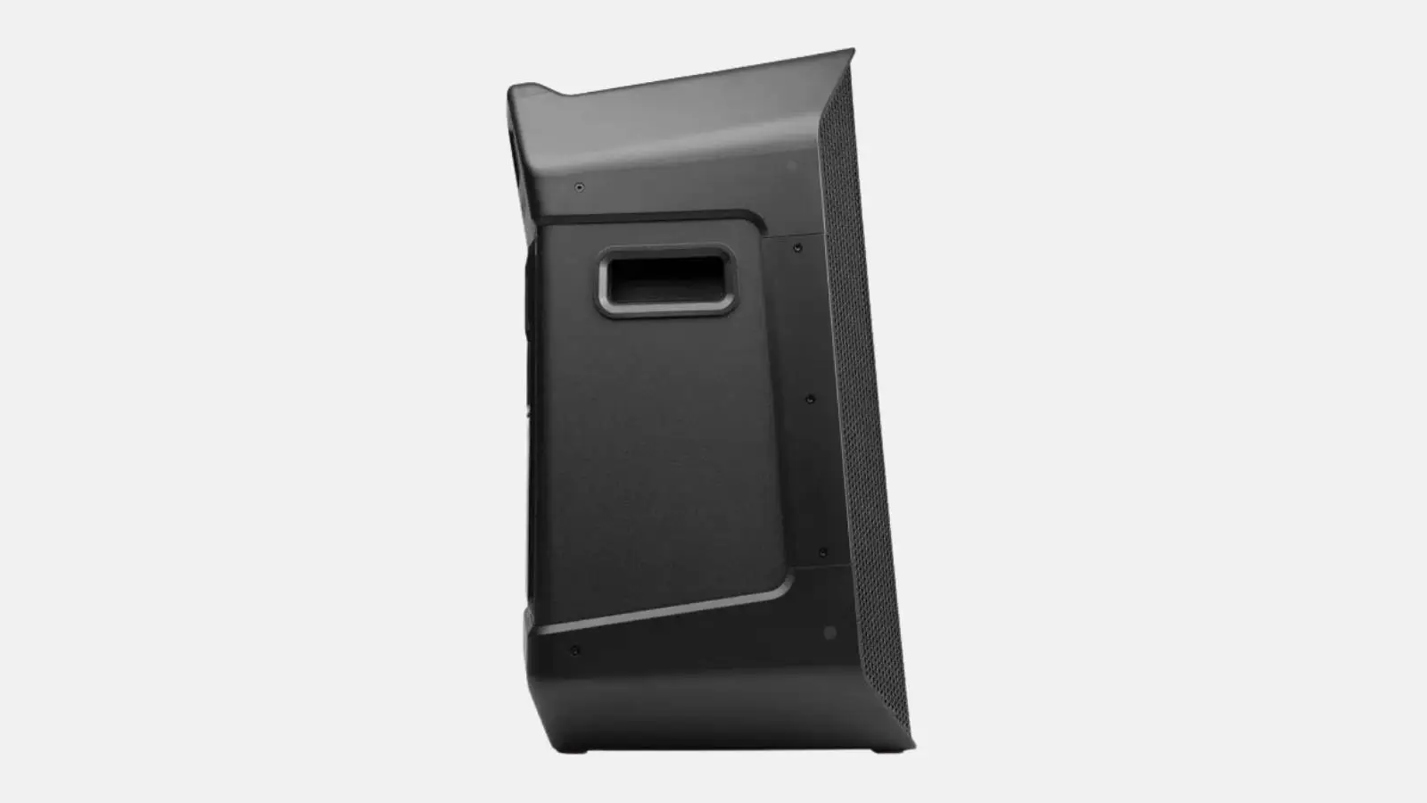 Teufel Rockster Air 2 Akku-Lautsprecher in Schwarz mit Tragegriff in der Seitenansicht vor weißem Hintergrund.