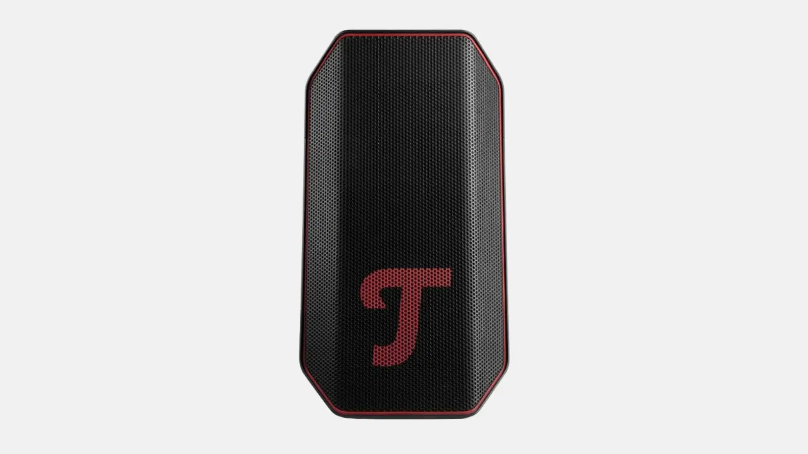 Teufel Rockster Air 2 Akku-Lautsprecher in Schwarz mit rotem Teufel-Logo, Frontansicht vor weißem Hintergrund.