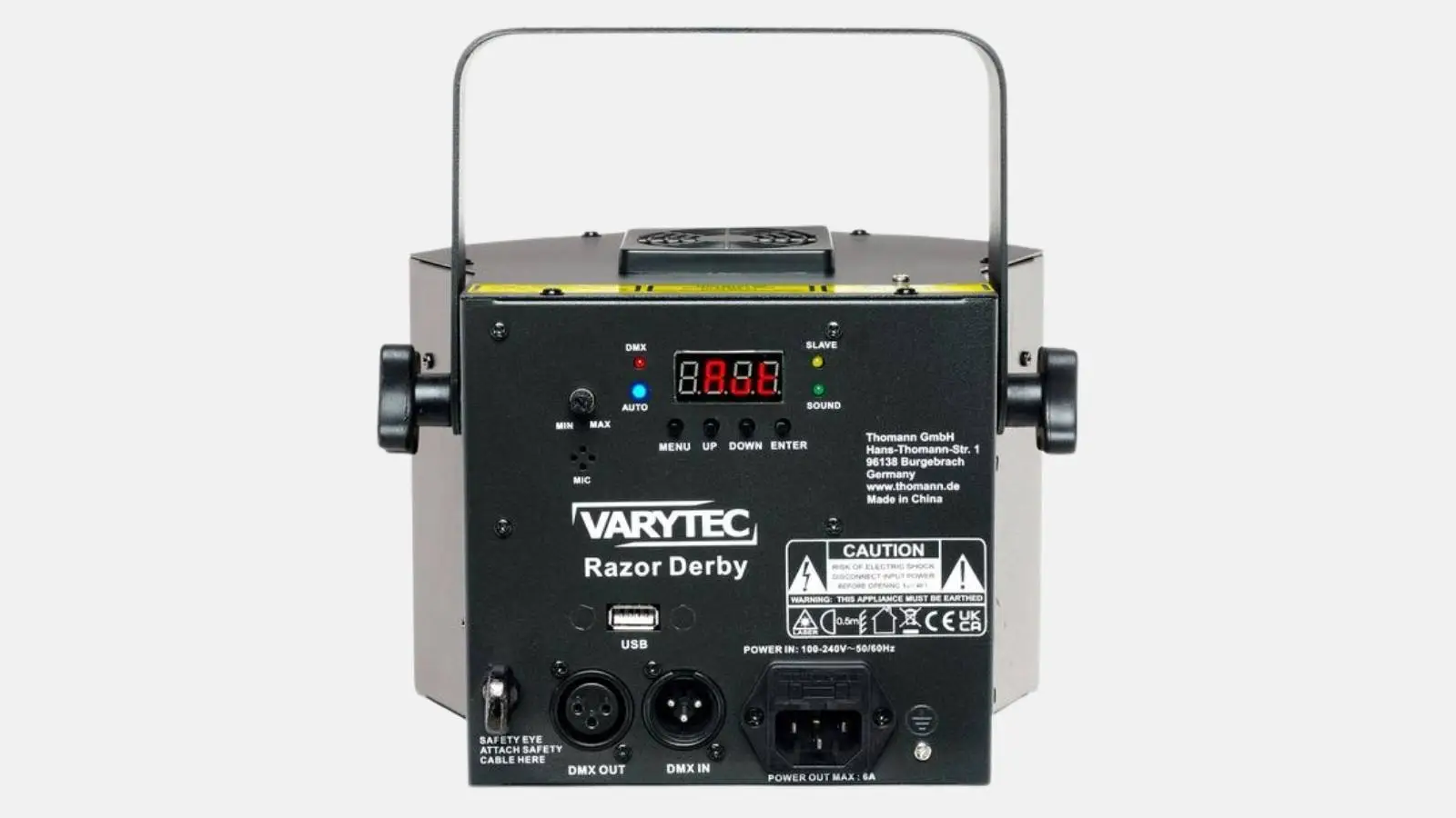 Rückseite des Varytec Razor Derby Effektlichts mit DMX-Anschlüssen, USB und Display