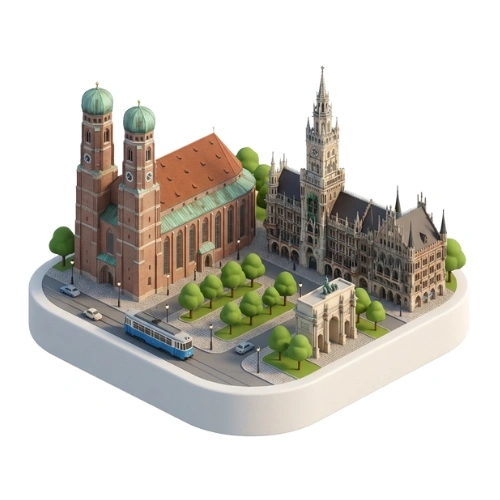 3D-Grafik von München mit der Frauenkirche und dem gotischen Rathaus für Veranstaltungstechnik München mieten.