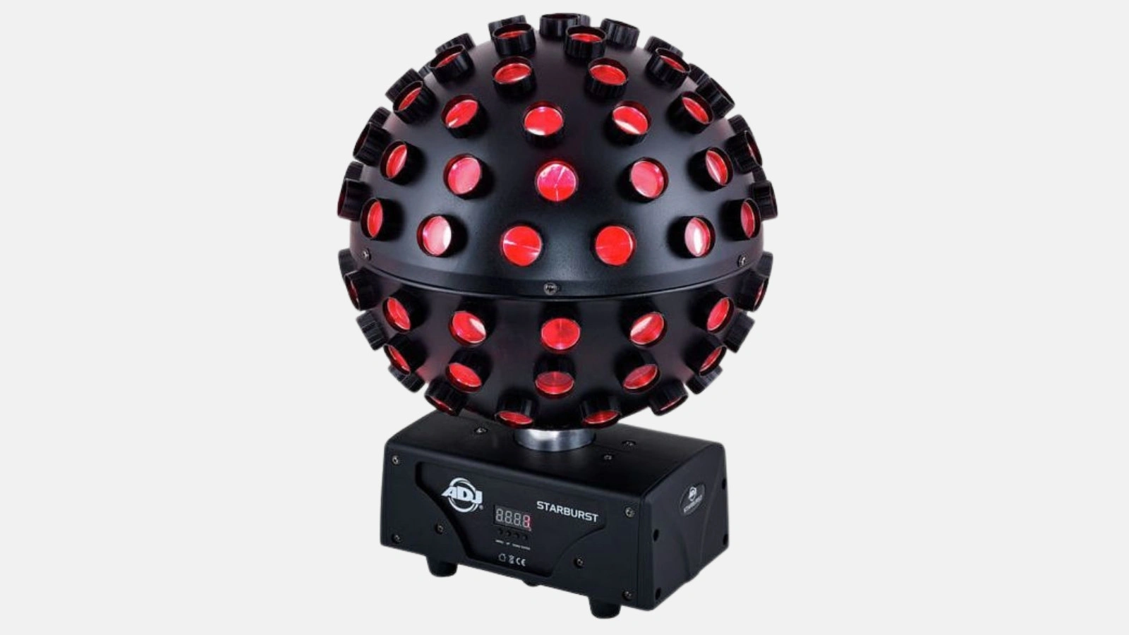 Tutorial zur Discokugel: schwarze ADJ Starburst mit vielen roten Linsen auf einem Motorsockel.