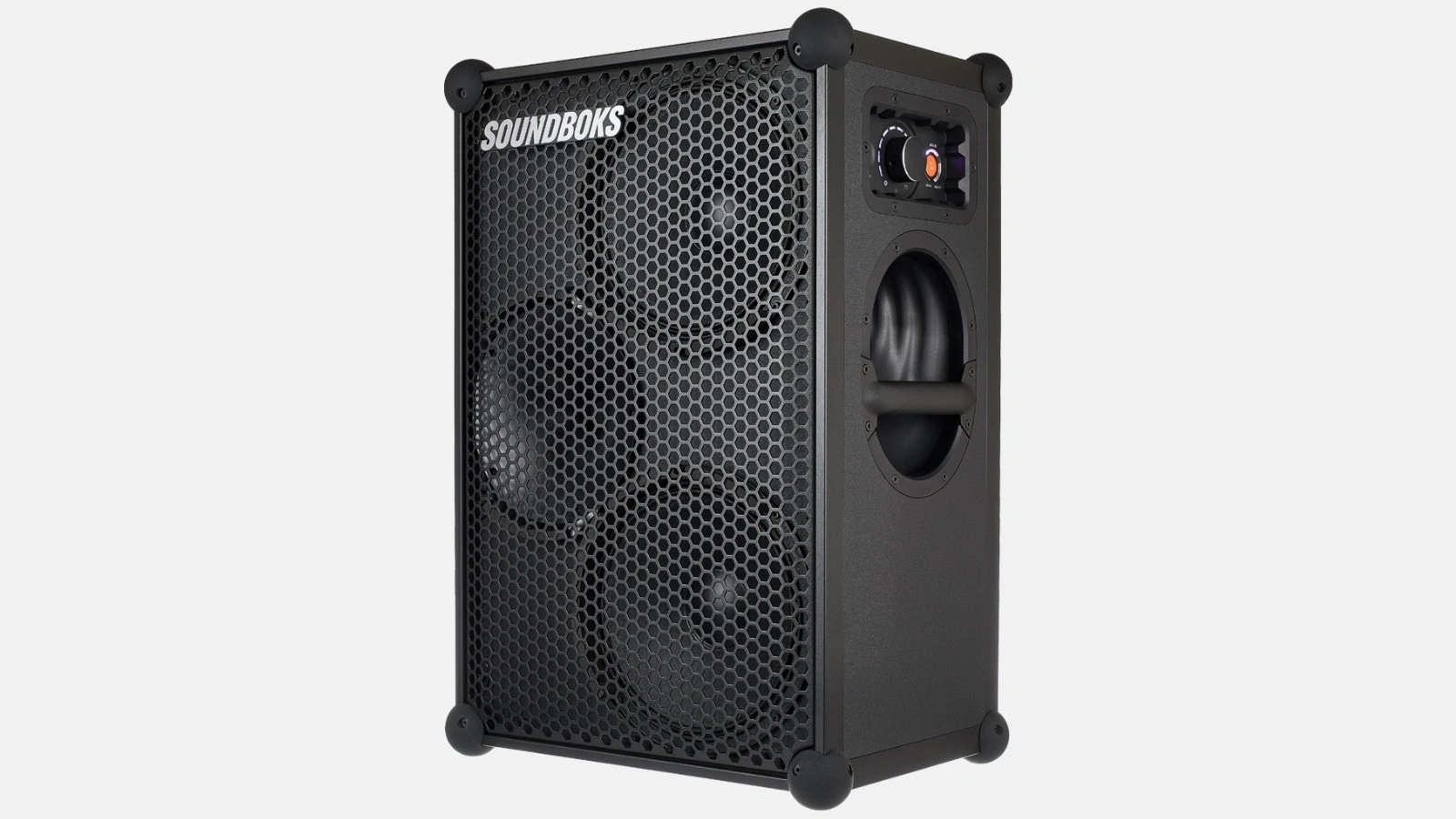 SOUNDBOKS Tutorial: schwarzer Akku-Lautsprecher mit Wabengitter und Tragegriff in Schrägansicht.