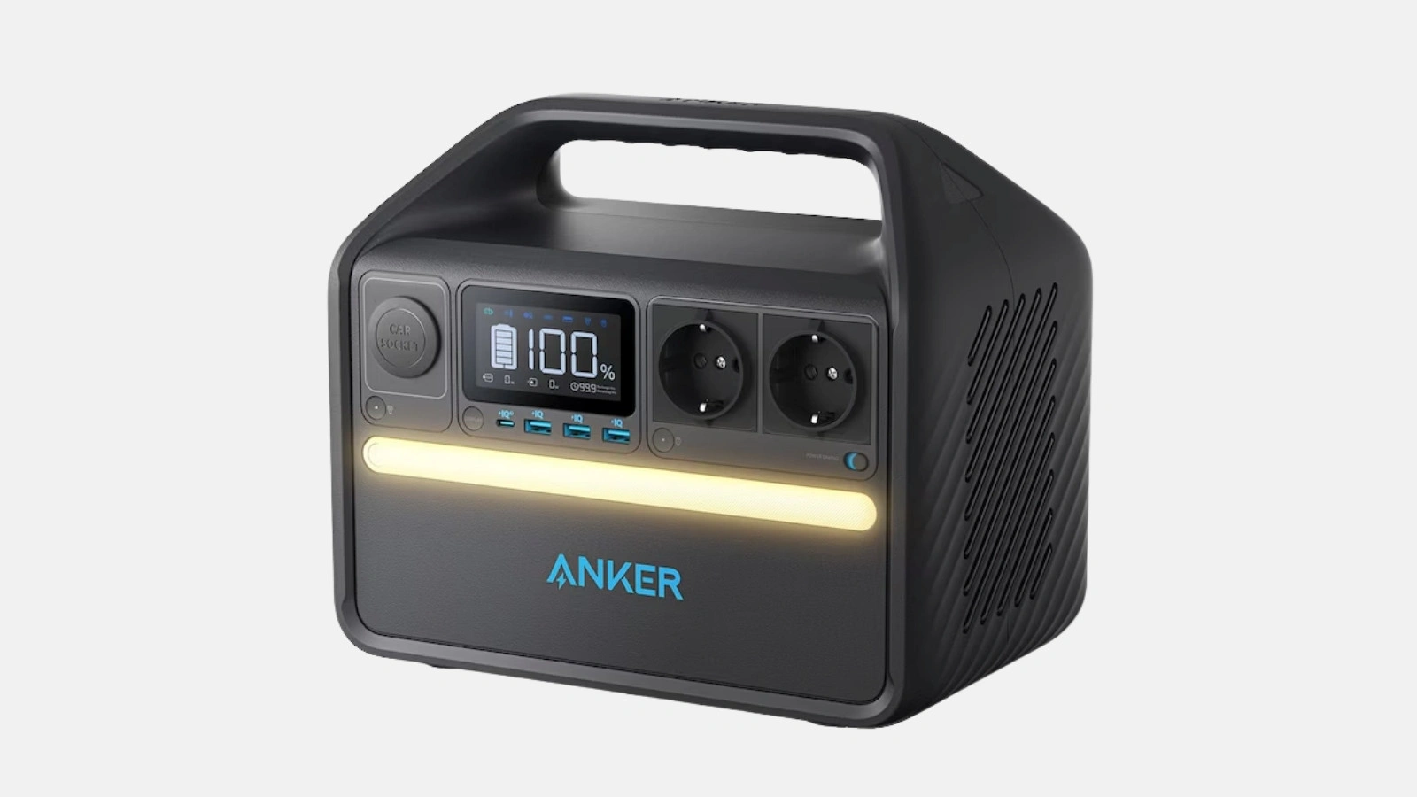 Tutorial zur Powerstation: schwarze Anker Powerstation mit Display bei 100 Prozent und zwei Steckdosen.