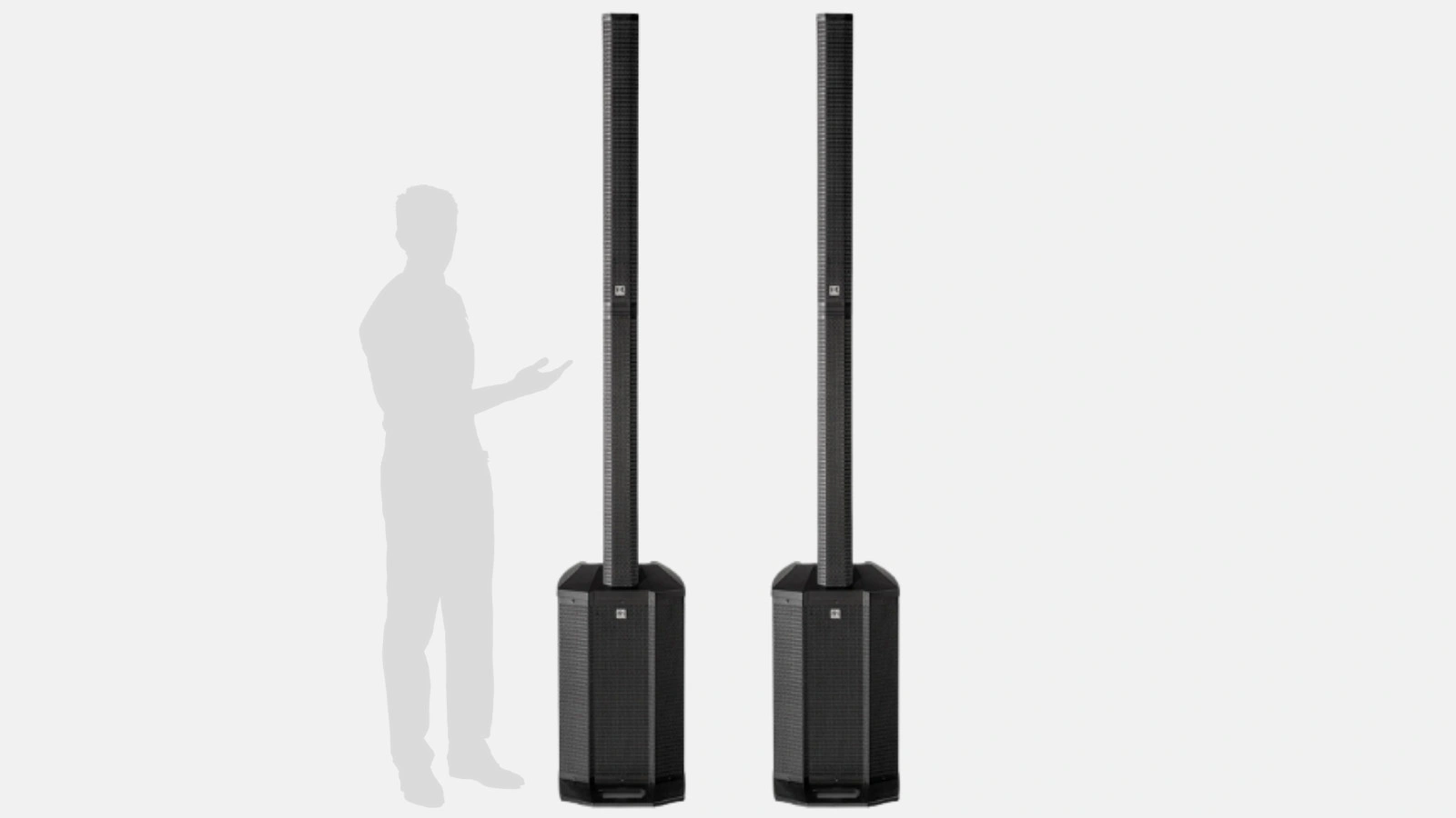 Tutorial zum Soundpaket Medium: zwei schwarze Säulenlautsprecher neben einer Personensilhouette als Größenvergleich.