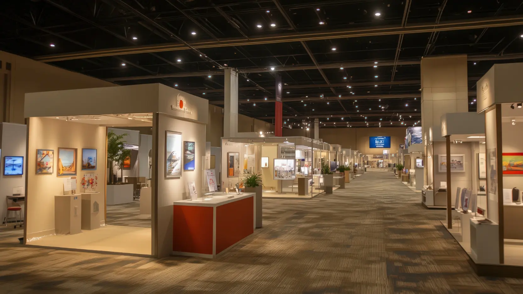 Ausstellungshalle mit Kojen, gerahmten Bildern und einem Bildschirm als Veranstaltungstechnik für Messe mieten.