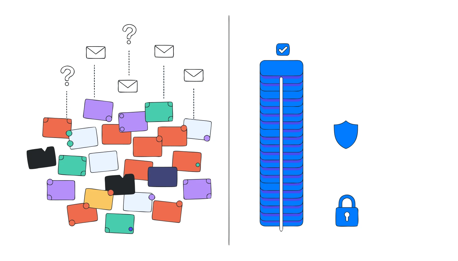 Illustration zum Vergleich erento und Renty: viele einzelne Angebote auf einem Marktplatz gegen einen einheitlichen Standard bei der Eventtechnik