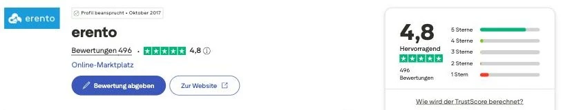 Screenshot des Trustpilot Profils von erento mit 4,8 von 5 aus 496 Bewertungen und dem Hinweis zu fehlenden Bewertungseinladungen