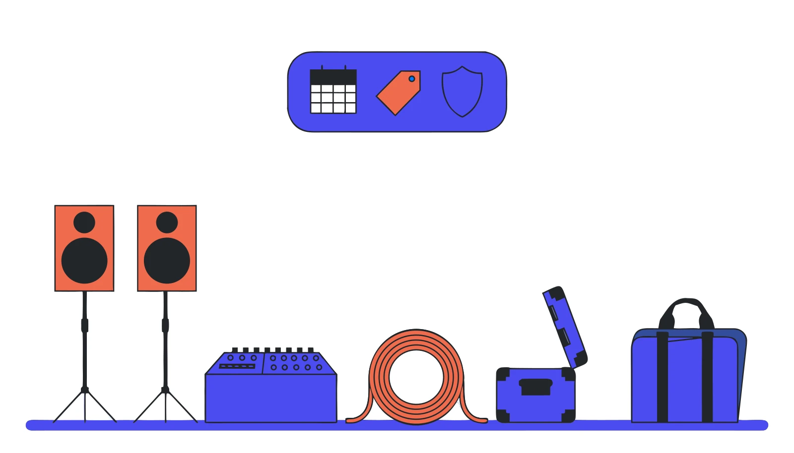 Illustration einer abholbereiten Eventtechnik mit Lautsprechern, Mischpult und Case neben Termin, Preis und Versicherung