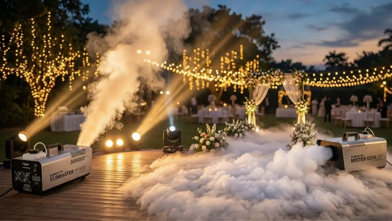 Nebelmaschinen erzeugen Bodennebel auf der Tanzfläche einer Gartenhochzeit am Abend