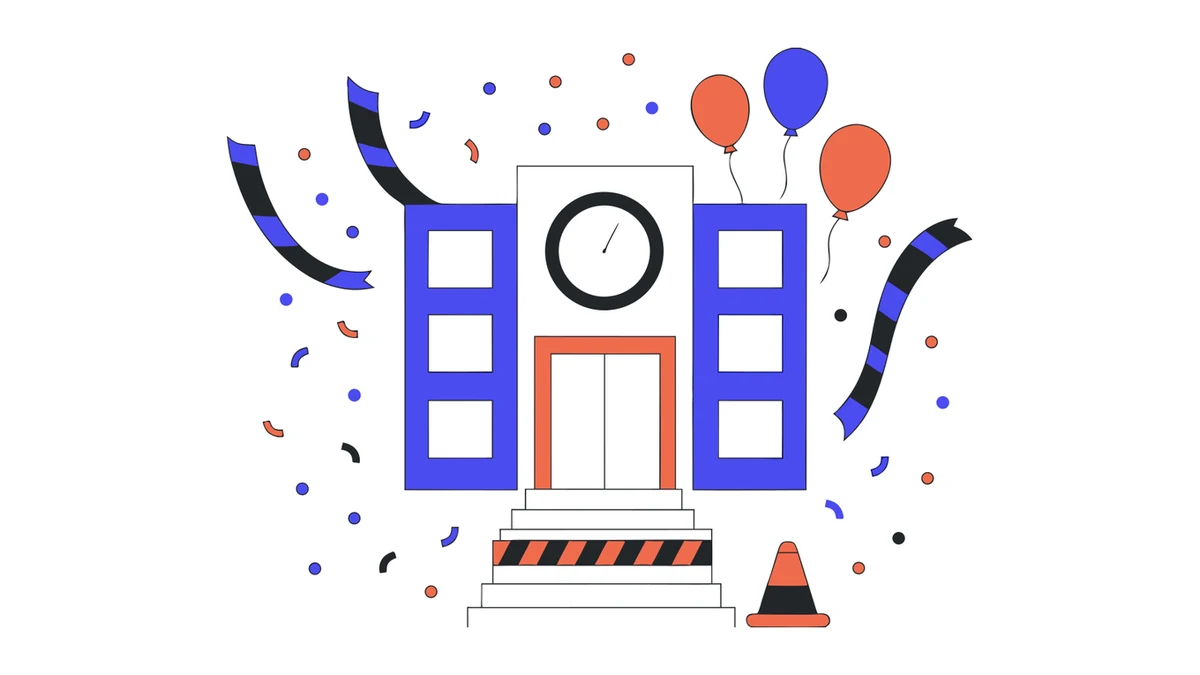Schulgebäude mit Konfetti, Luftballons und Absperrband als Sinnbild für Abistreich Ideen