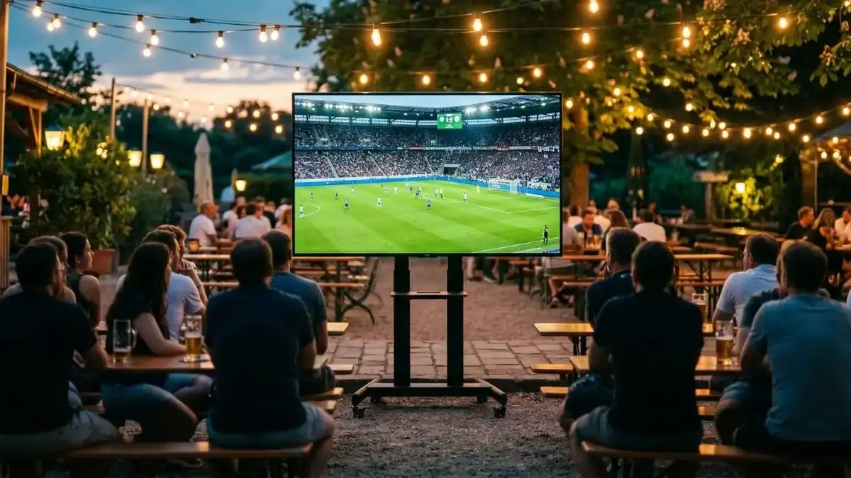 Gäste verfolgen ein Fußballspiel auf einem TV-Bildschirm in einem vollen Biergarten