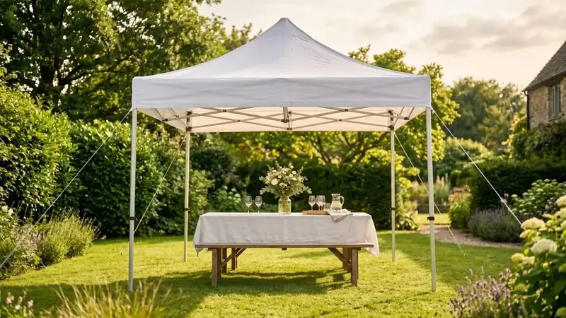 Faltpavillon ueber einer gedeckten Bierzeltgarnitur im Garten fuer ein Nachbarschaftsfest