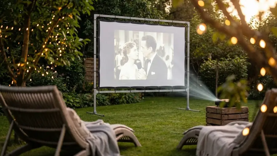 Freiluftkino im Garten mit Leinwand auf Rahmen, Beamer auf einer Holzkiste und Liegestühlen