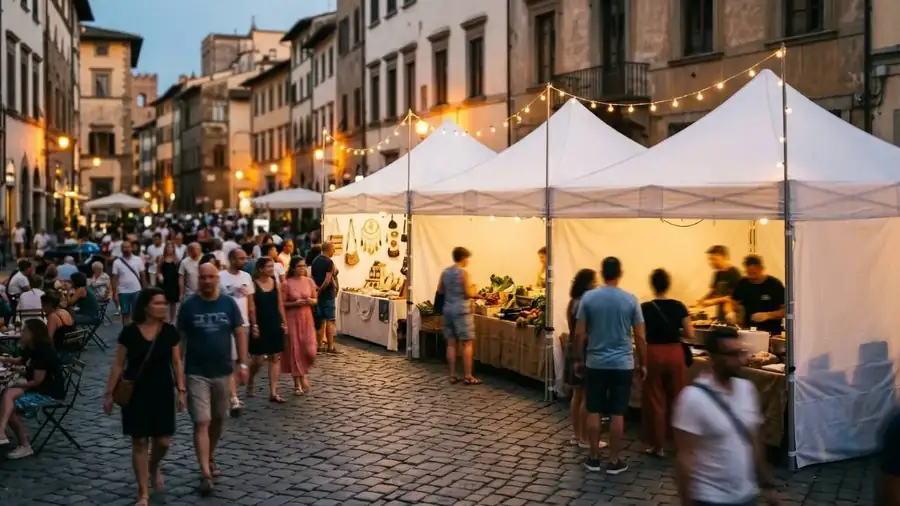 Weiße Partyzelte als Marktstände in einer abendlichen Altstadtgasse mit Besuchern