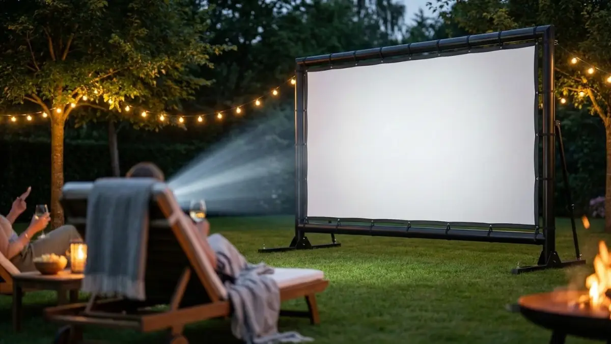 Freiluftkino bei Nacht im Garten mit großer Leinwand, Beamerstrahl und Zuschauern