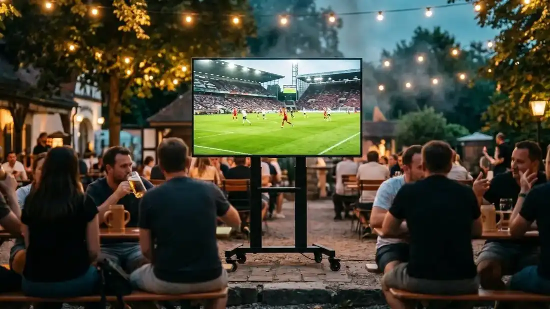 Gäste verfolgen eine Fußballübertragung auf einem TV-Bildschirm mit Rollständer im Biergarten