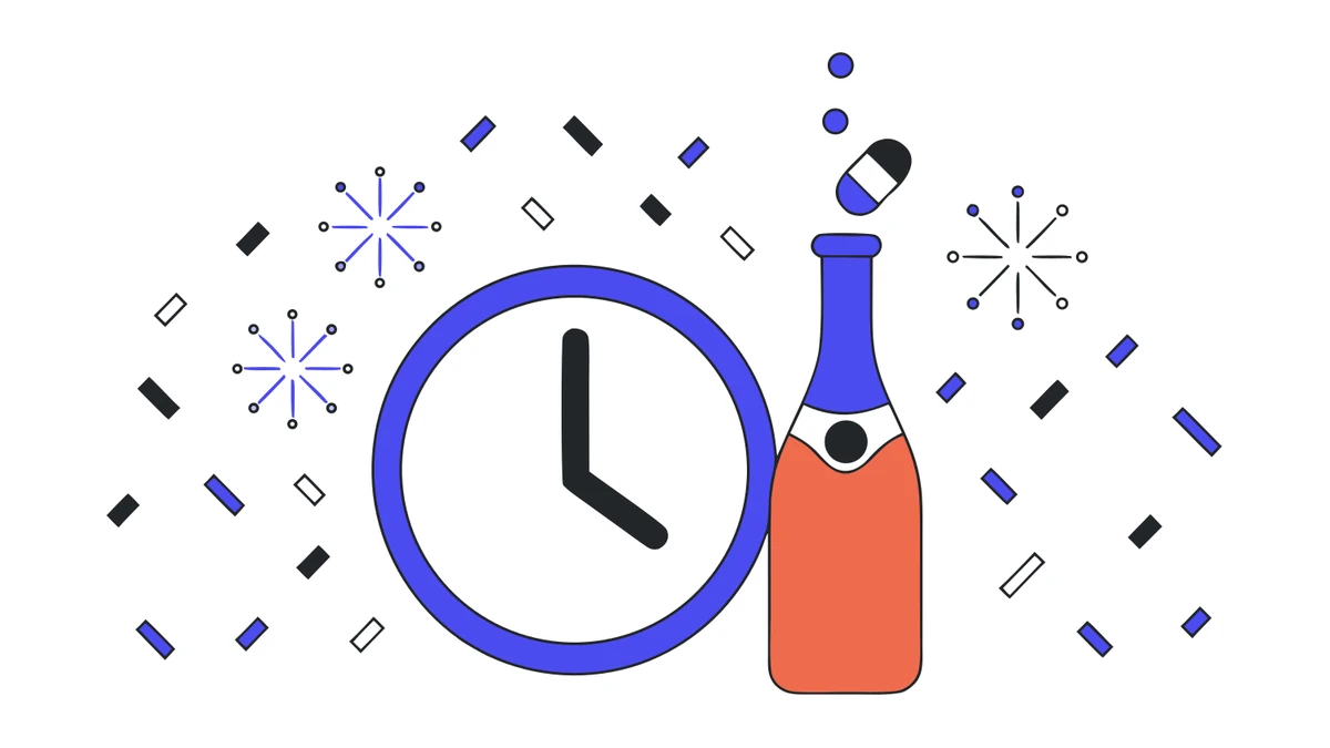 Jahreswechsel als Grafik mit Uhr kurz vor Mitternacht, Sektflasche, Feuerwerk und Konfetti
