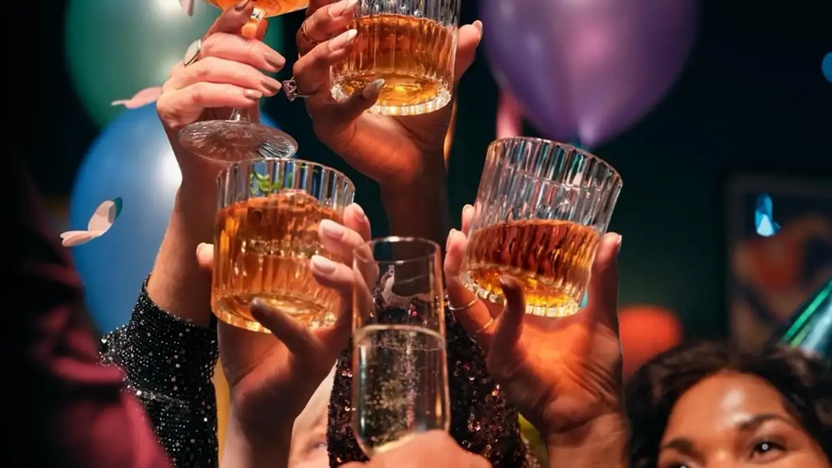 Feiernde Menschen heben ihre Gläser vor bunten Luftballons und Konfetti