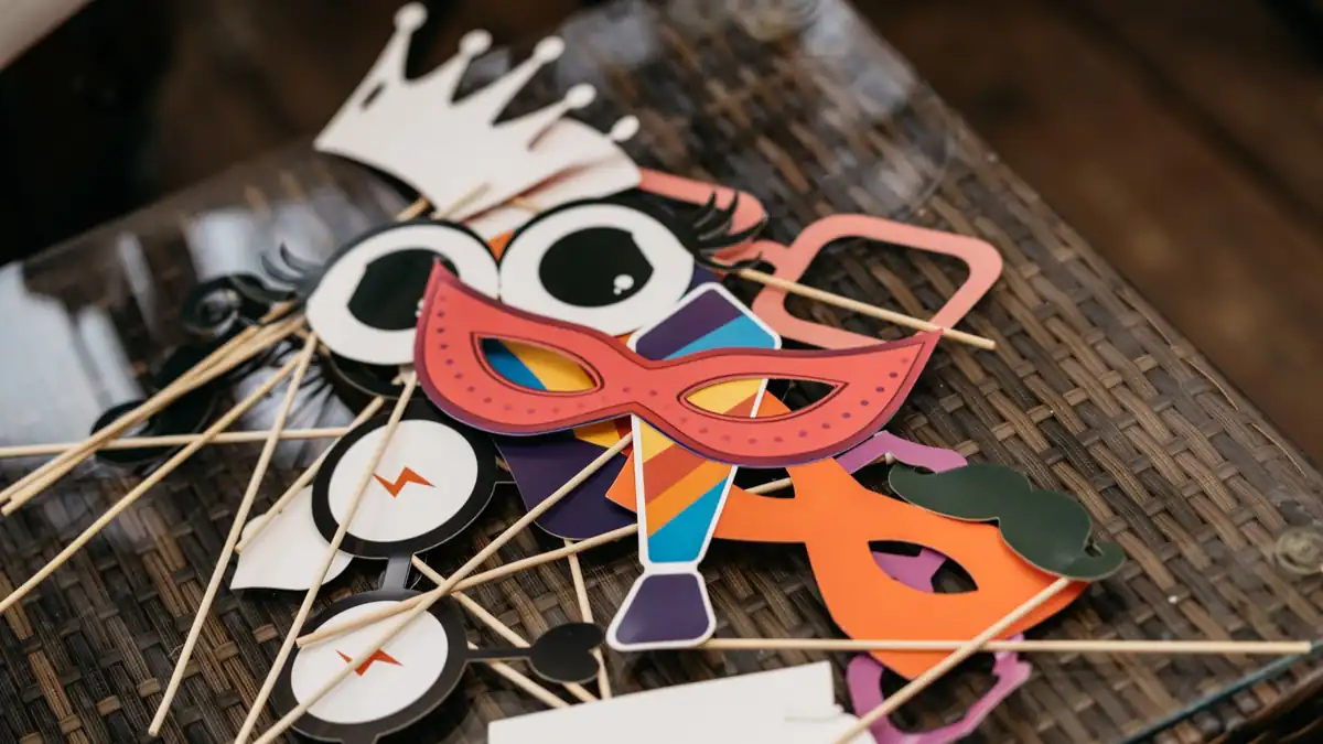 Bunte Fotobox-Requisiten aus Papier mit Masken, Krone und Brillen an Holzstäbchen