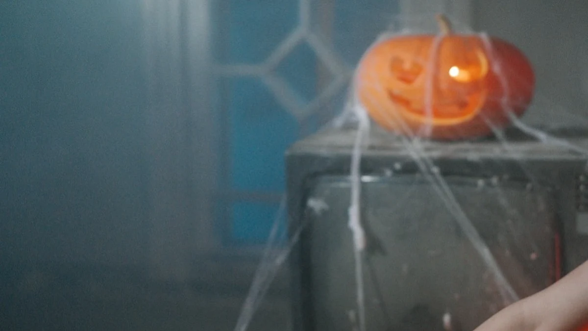 Gruselige Halloween-Szene mit Skelett, Spinnweben und leuchtenden Kürbissen