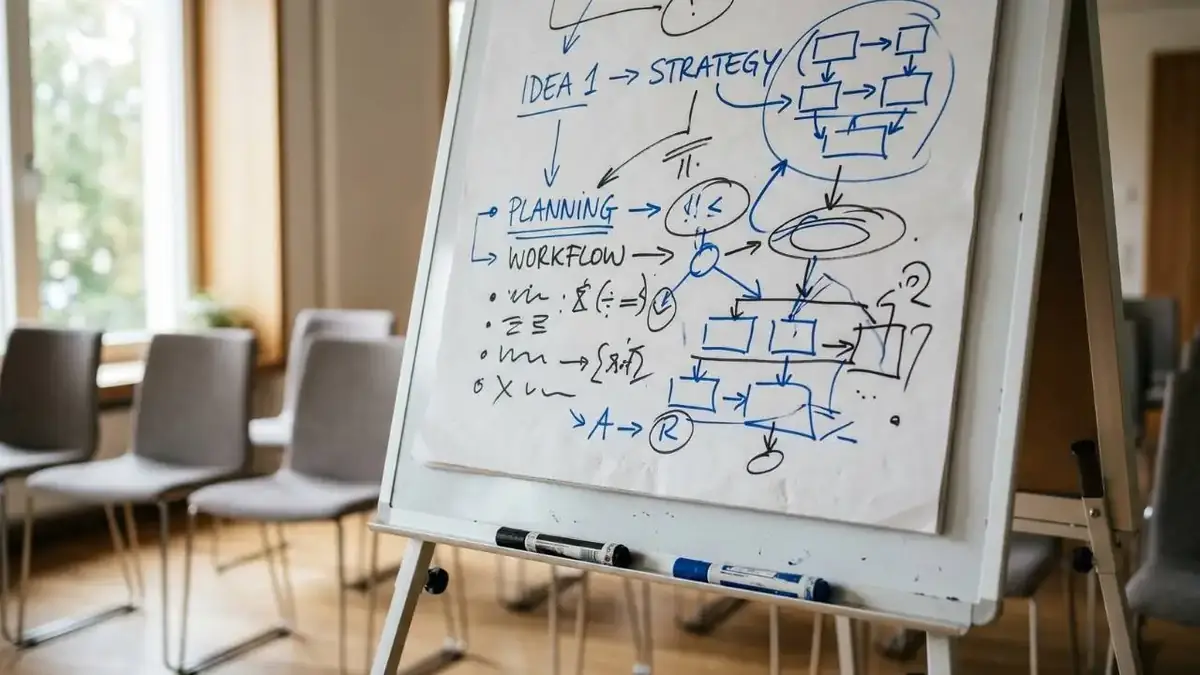 Flipchart mit handgezeichneten Diagrammen zu Strategie und Workflow in einem Seminarraum