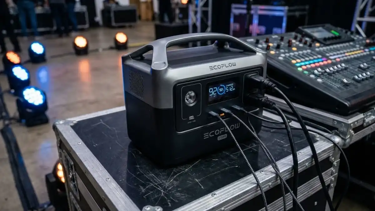 Powerstation mit angeschlossenen Kabeln auf einem Case neben einem Mischpult